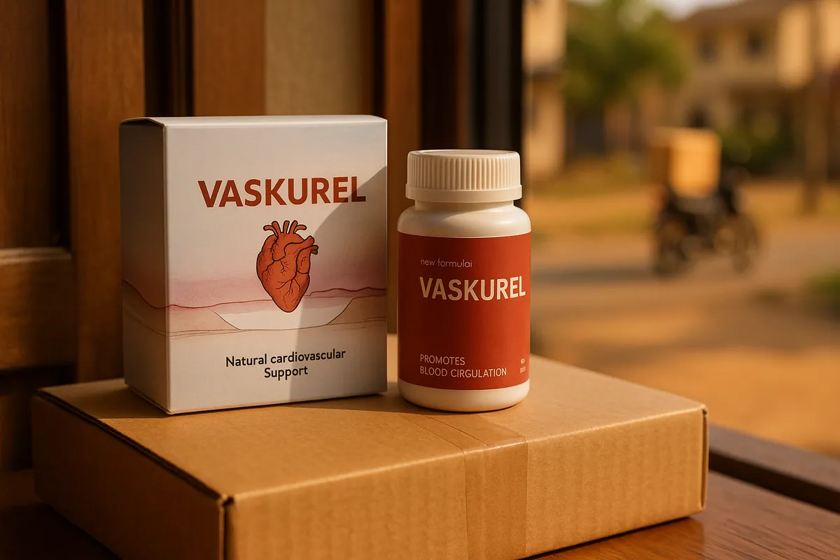 Boîte de Vaskurel posée sur un colis à la porte, livreur dans la rue
