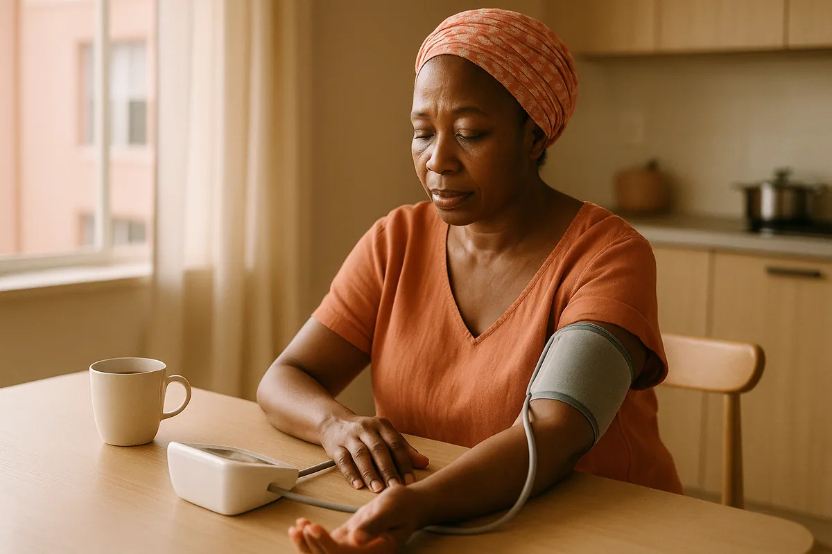A woman in Lagos measuring her blood pressure at home with an arm cuff monitor