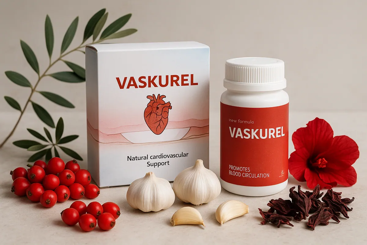 Vaskurel pack with its plant ingredients: hawthorn berries, garlic bulbs, hibiscus flower, olive leaves